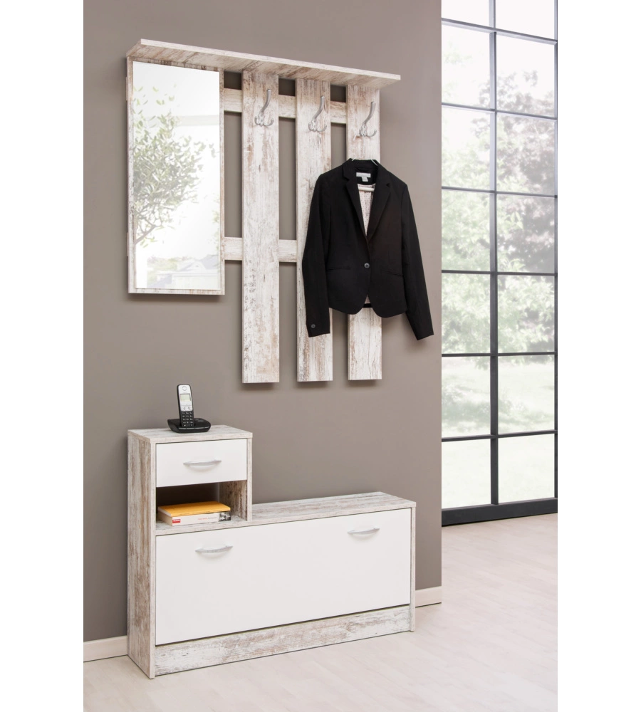 MOBILE DA INGRESSO CON SPECCHIO E APPENDIABITI BIANCO ANTICATO, 100X180X25 CM